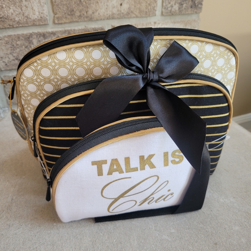 *NWT* 3pc Make-up bag set. Talk is Chic- Black, White & Gold